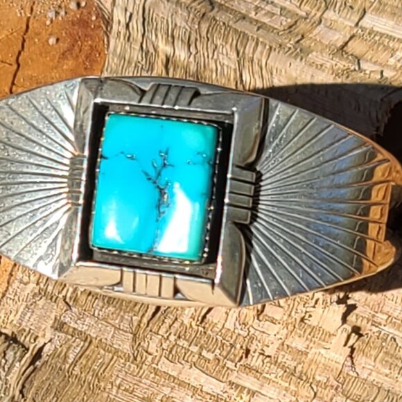 Rare Navajo Signed Leonard Platero .925 Silver Turquoise Cuff - Picture 3 of 7